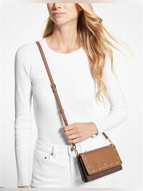 Michael Kors Tan and Brown Leather Logo Crossbody Wallet with Studs